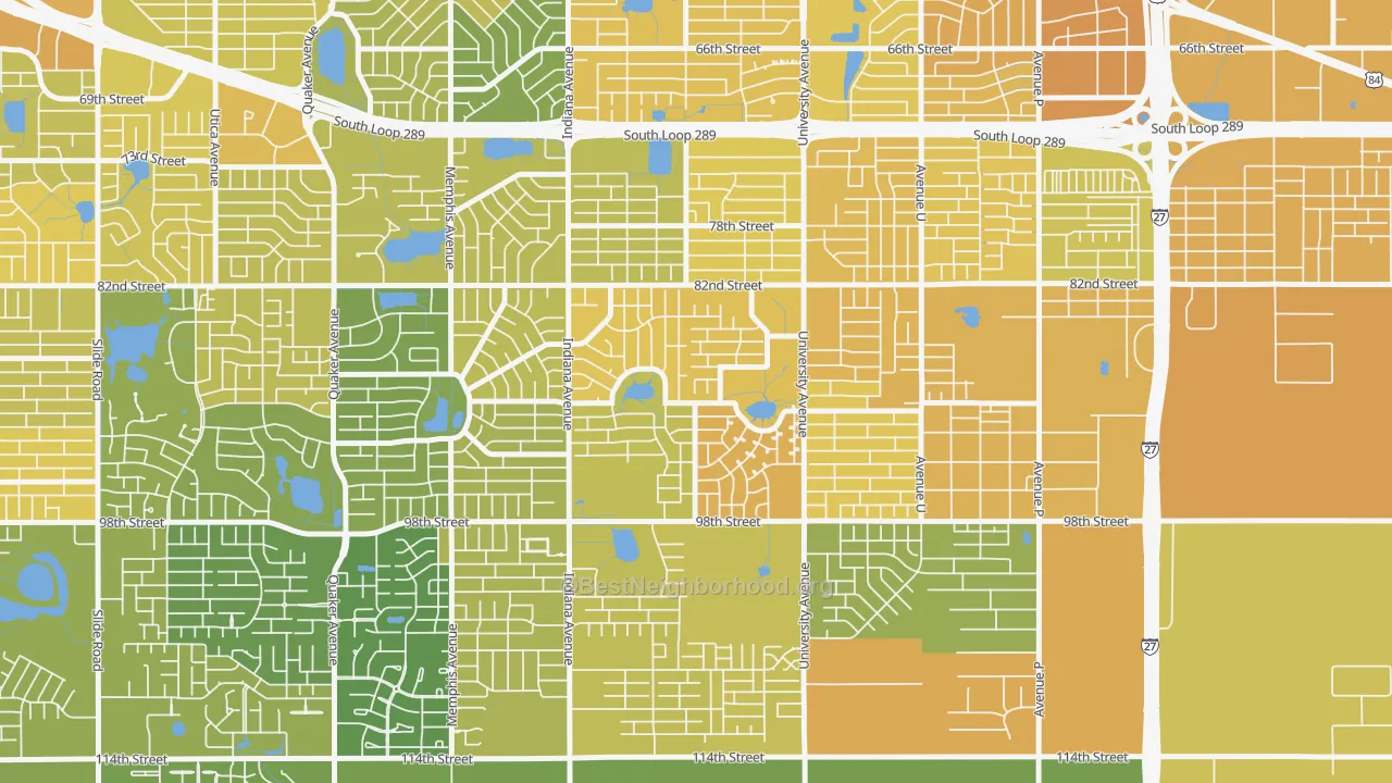 Map of the best neighborhoods in the University Pines, Lubbock area, with better matches in green and worse matches in red