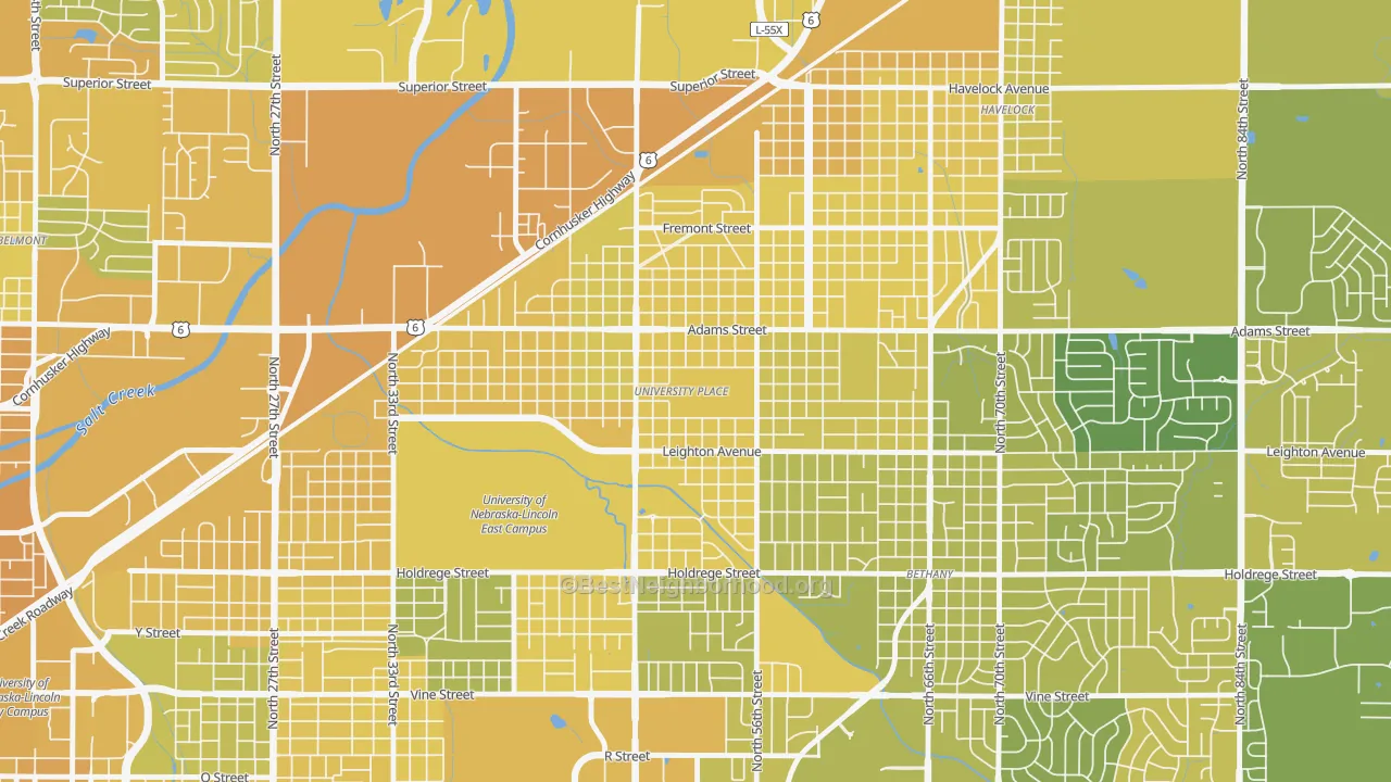 Map of the best neighborhoods in the University Place, Lincoln area, with better matches in green and worse matches in red