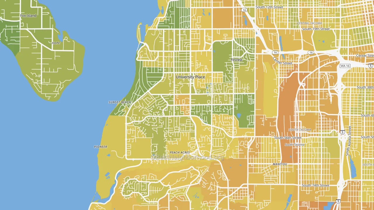 Map of the best neighborhoods in the University Place area, with better matches in green and worse matches in red