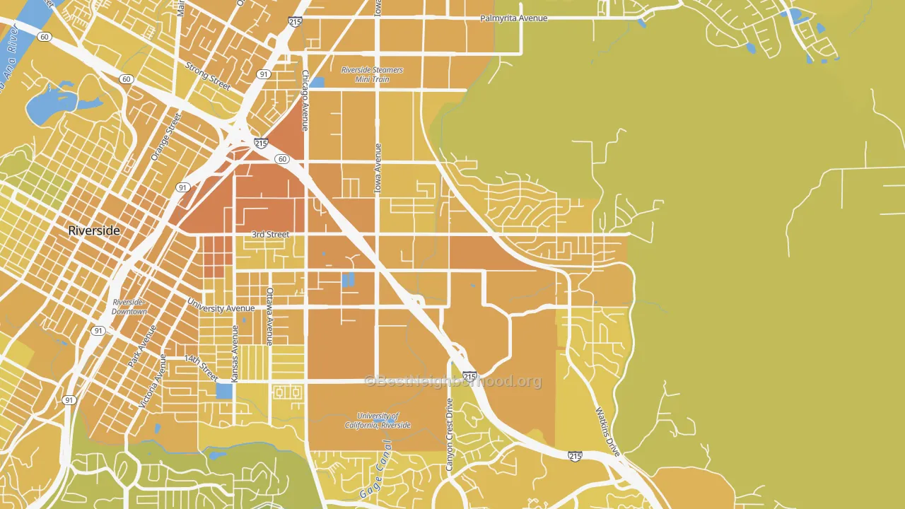 Map of the best neighborhoods in the University, Riverside area, with better matches in green and worse matches in red