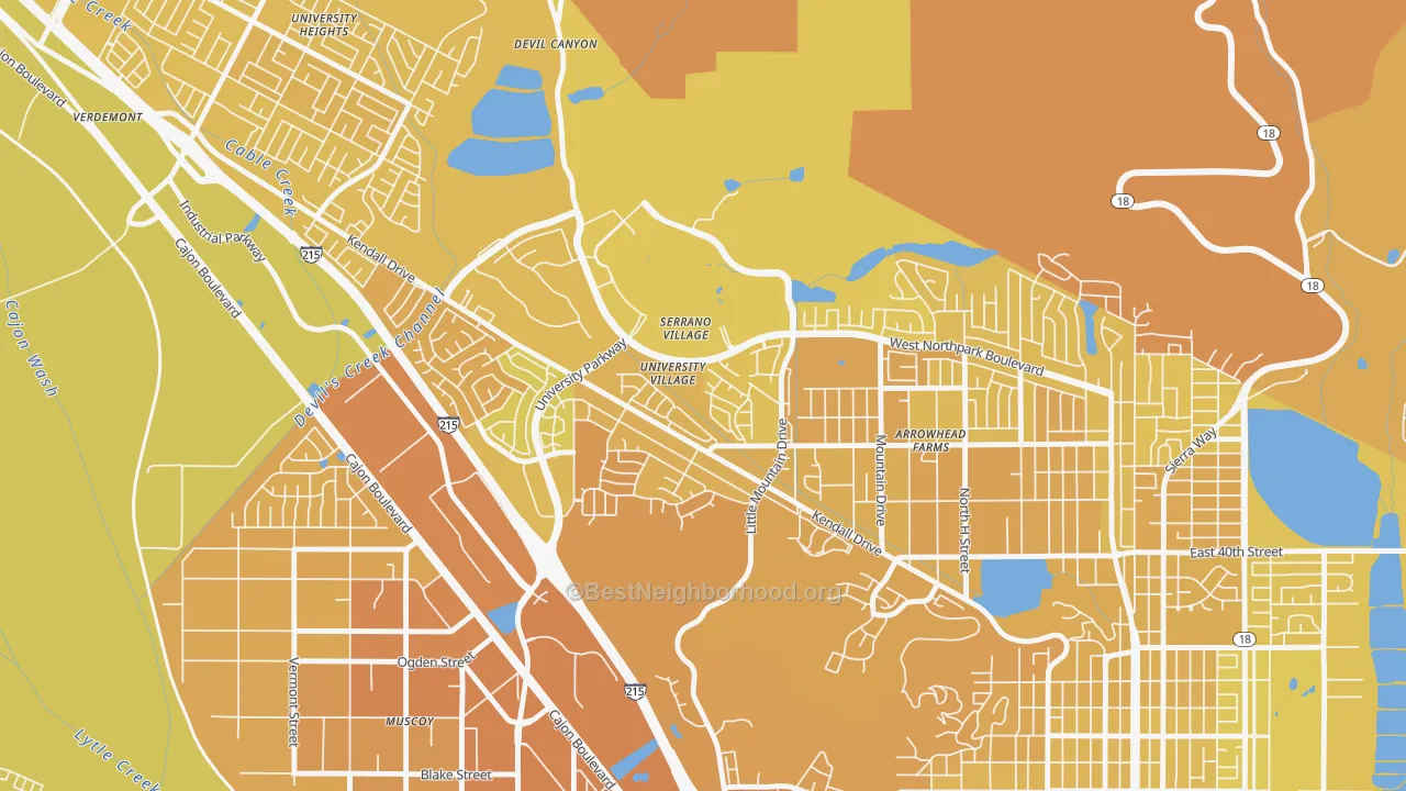 Map of the best neighborhoods in the University-San Bernardino, San Bernardino area, with better matches in green and worse matches in red