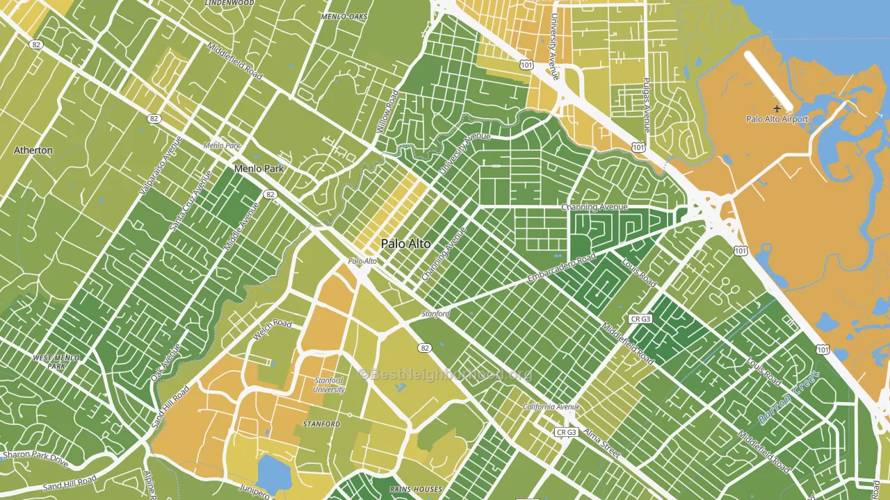 Map of the best neighborhoods in the University South, Palo Alto area, with better matches in green and worse matches in red