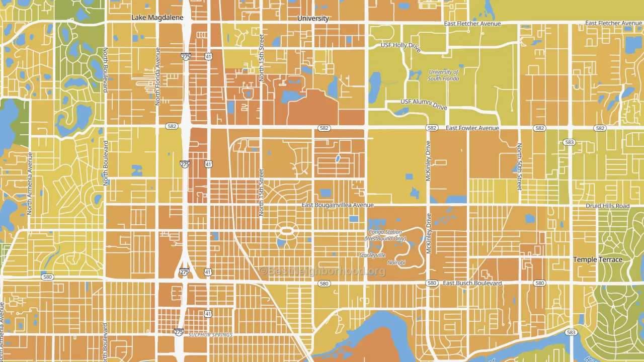 Map of the best neighborhoods in the University Square, Tampa area, with better matches in green and worse matches in red