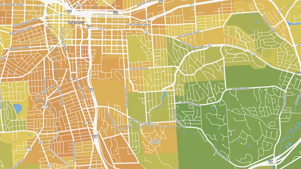 Map of the best neighborhoods in the University-Syracuse, Syracuse area, with better matches in green and worse matches in red