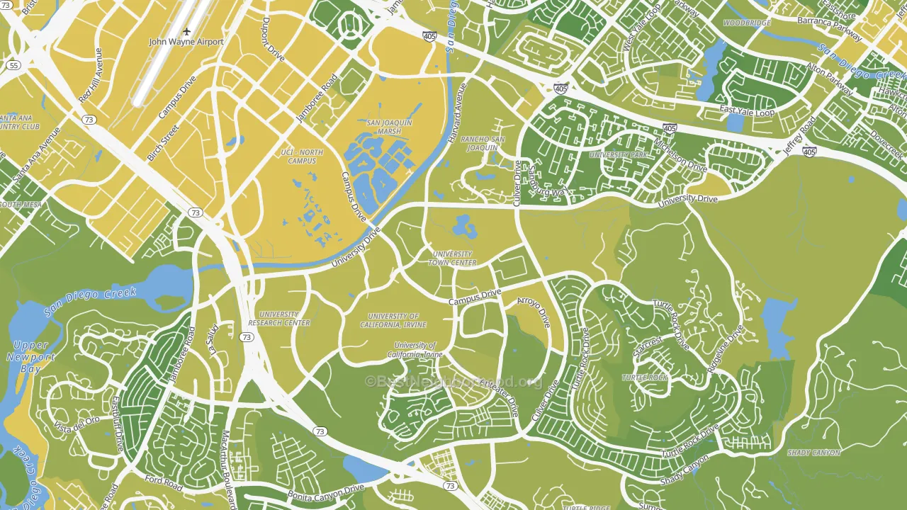 Map of the best neighborhoods in the University Town Center, Irvine area, with better matches in green and worse matches in red