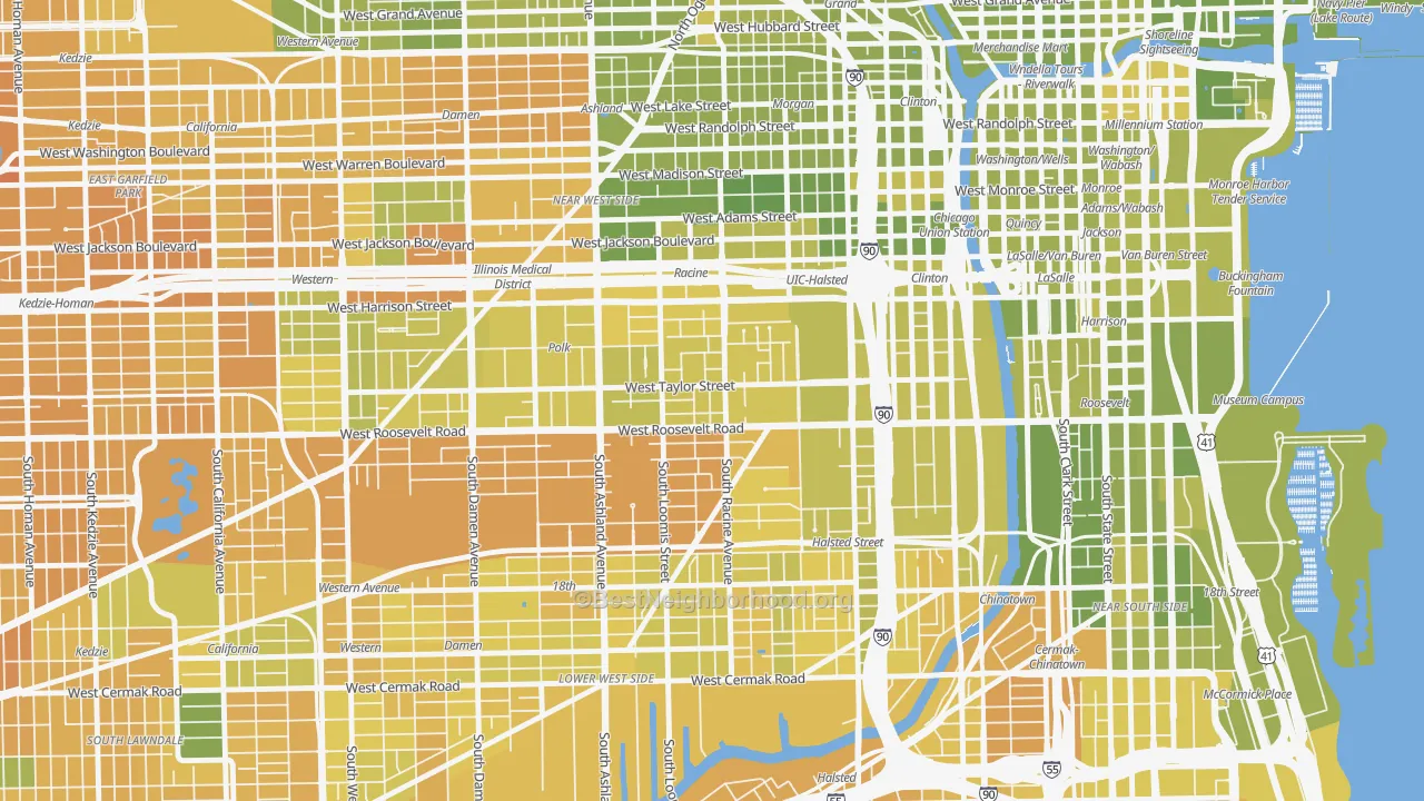 Map of the best neighborhoods in the University Village, Chicago area, with better matches in green and worse matches in red