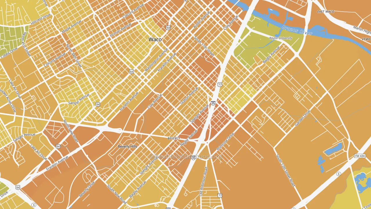 Map of the best neighborhoods in the University, Waco area, with better matches in green and worse matches in red