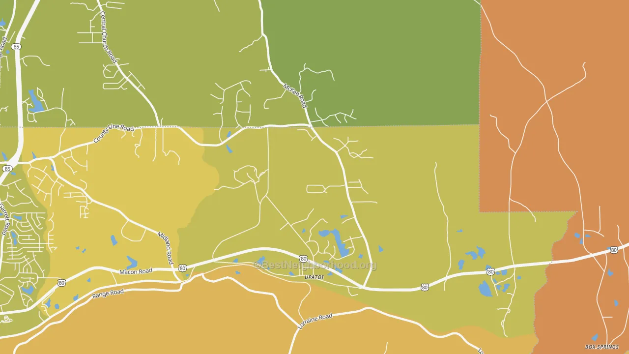 Map of the best neighborhoods in the Upatoi area, with better matches in green and worse matches in red