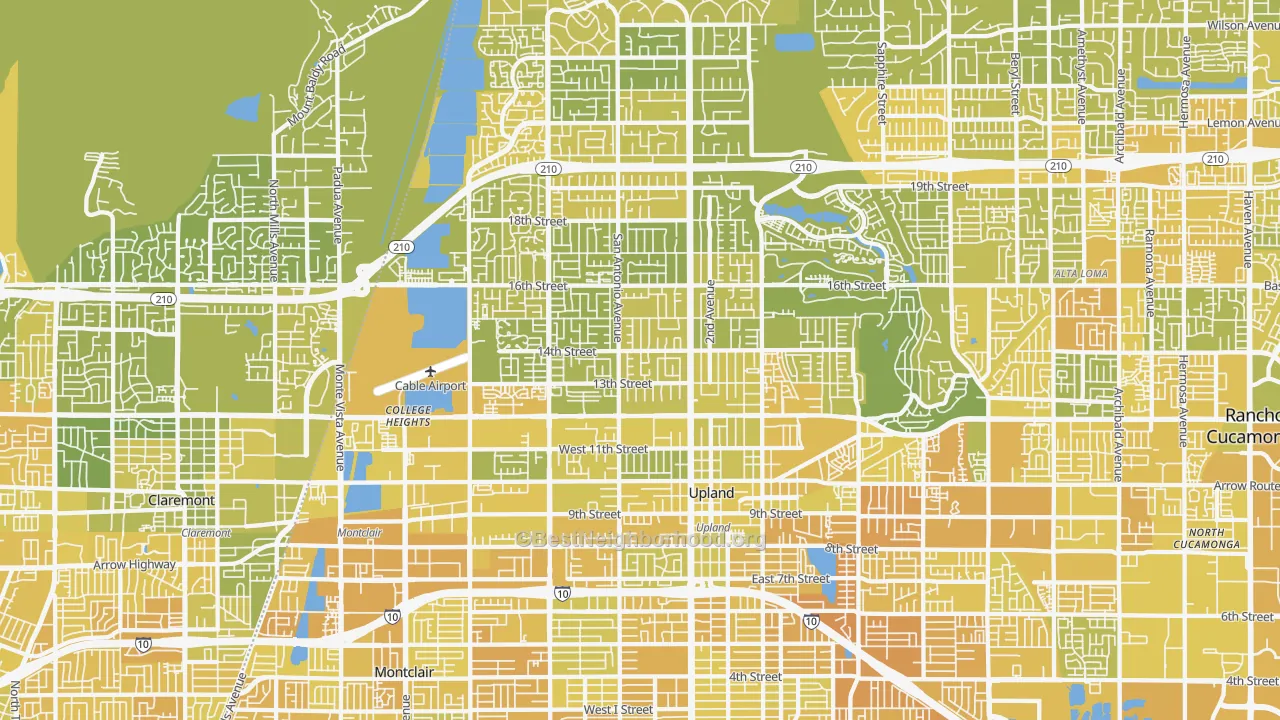 Map of the best neighborhoods in the Upland area, with better matches in green and worse matches in red