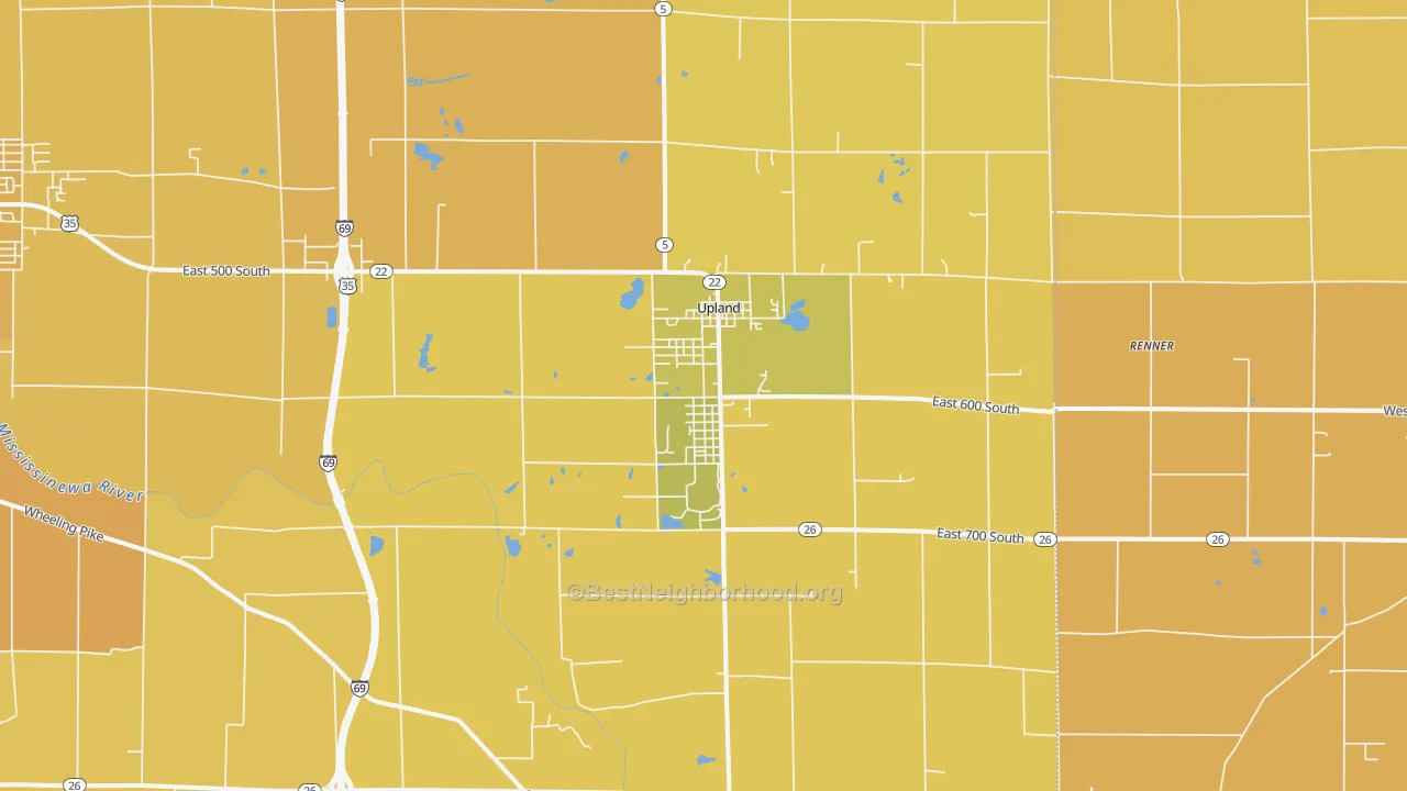 Map of the best neighborhoods in the Upland area, with better matches in green and worse matches in red