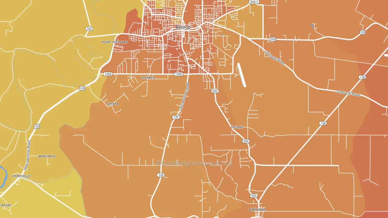 Map of the best neighborhoods in the Upland area, with better matches in green and worse matches in red