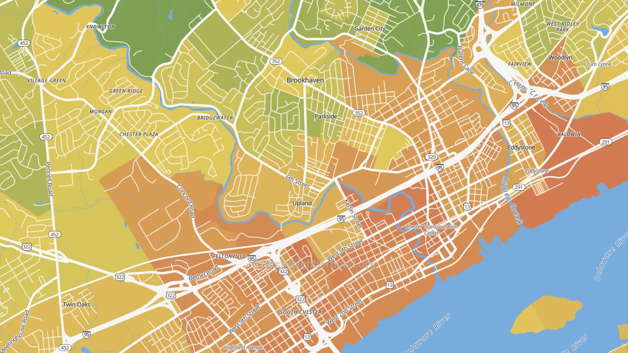 Map of the best neighborhoods in the Upland area, with better matches in green and worse matches in red