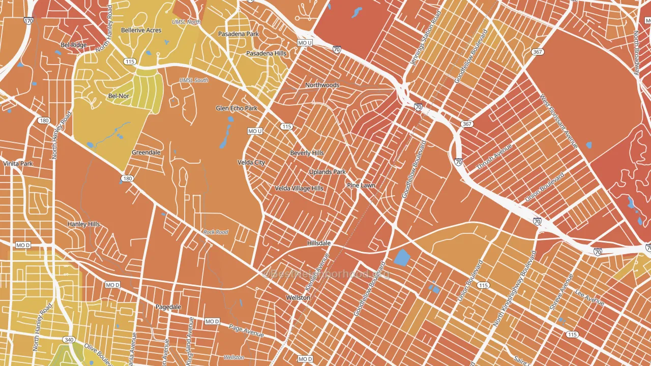 Map of the best neighborhoods in the Uplands Park area, with better matches in green and worse matches in red