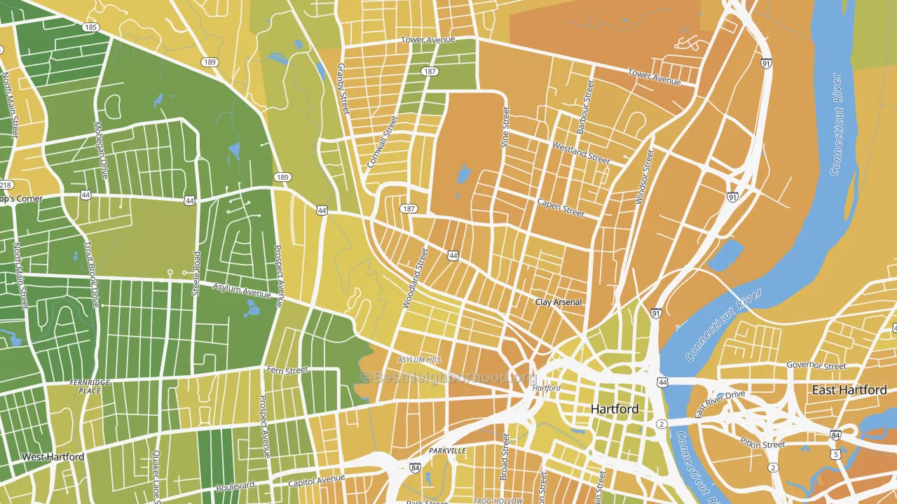 Map of the best neighborhoods in the Upper Albany, Hartford area, with better matches in green and worse matches in red