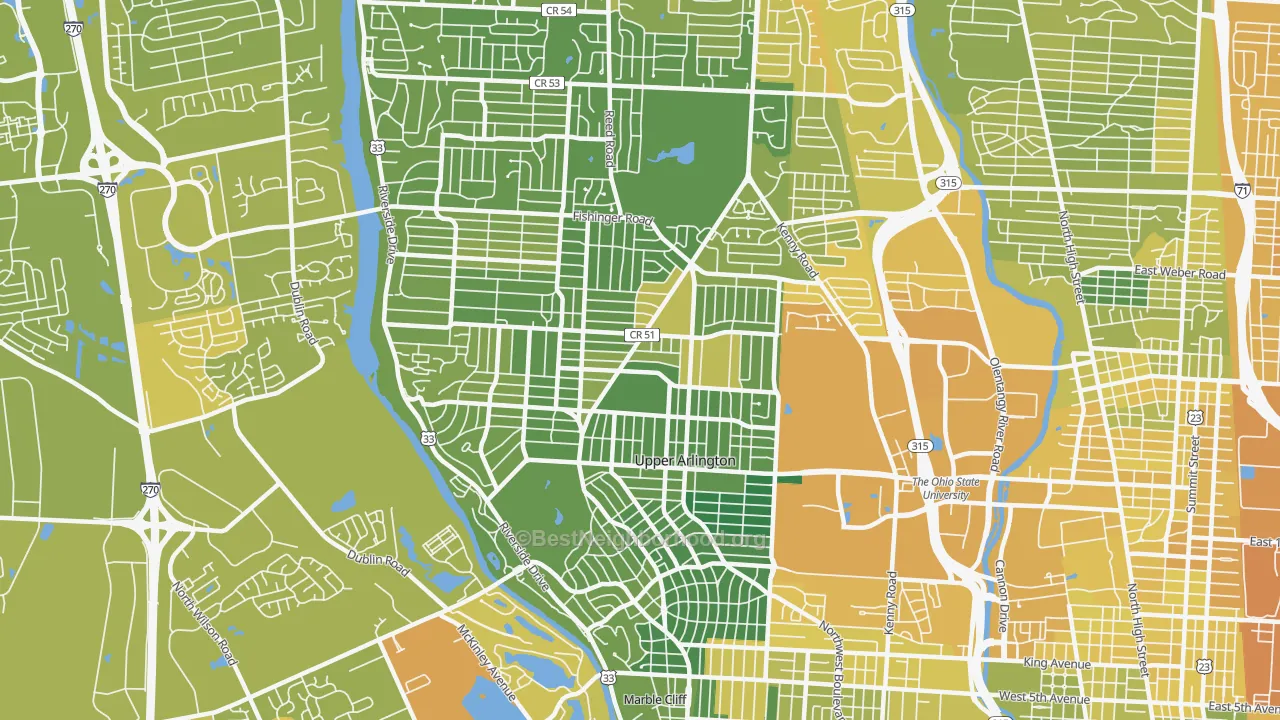 Map of the best neighborhoods in the Upper Arlington area, with better matches in green and worse matches in red