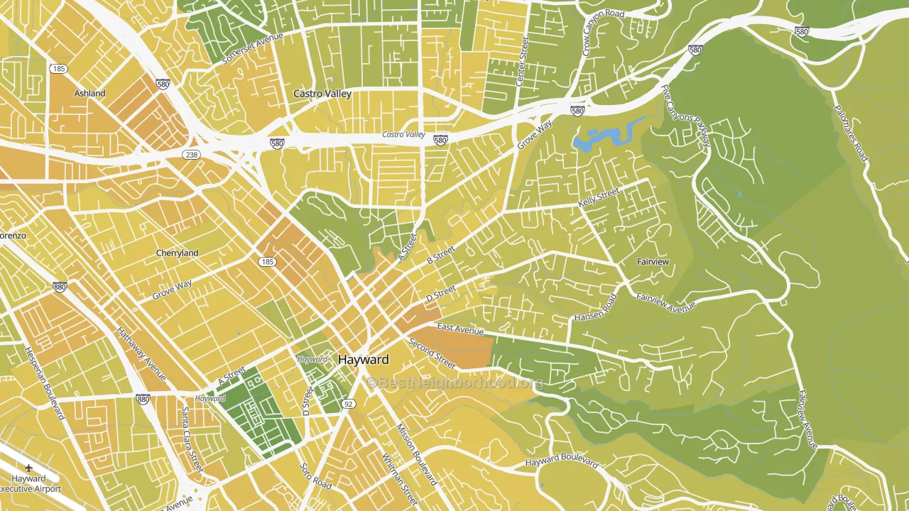 Map of the best neighborhoods in the Upper B Street, Hayward area, with better matches in green and worse matches in red