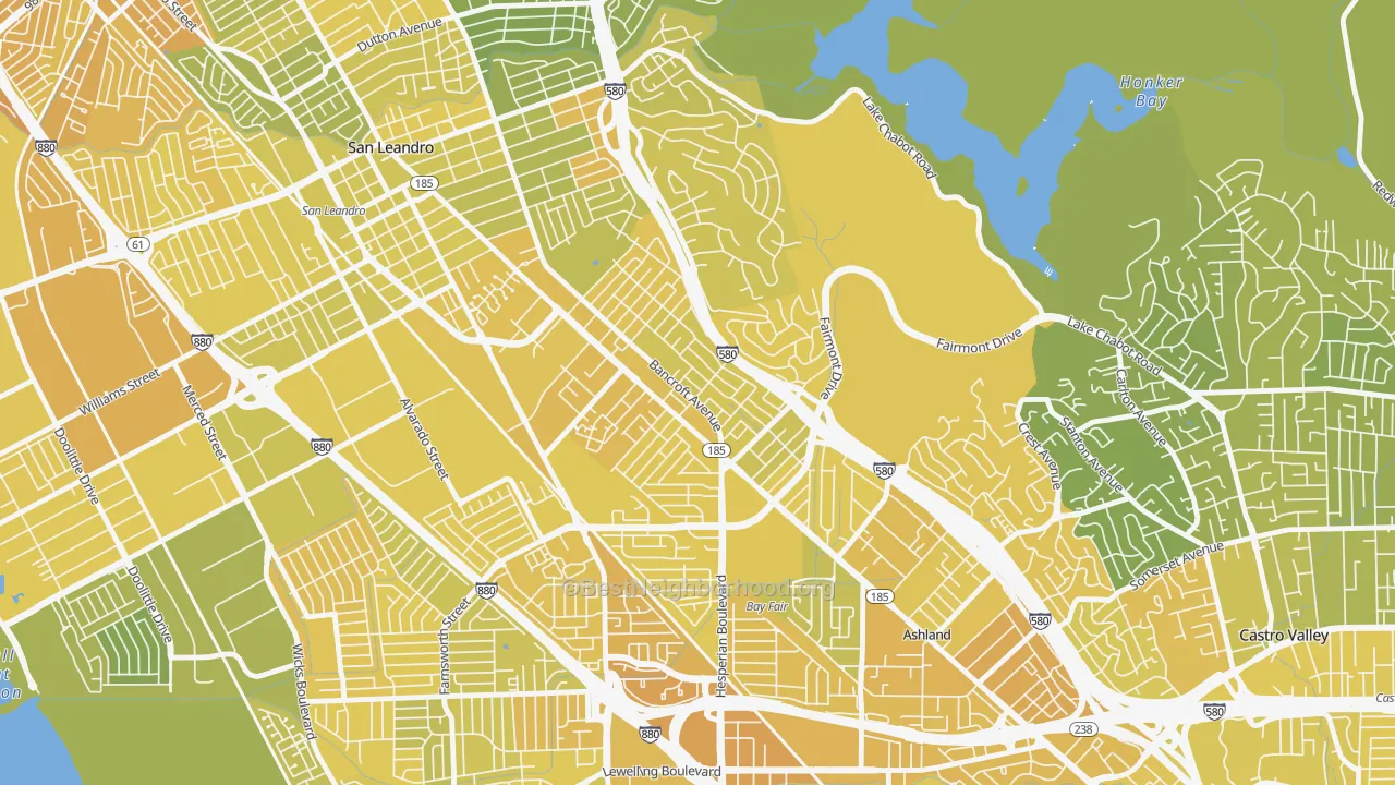 Map of the best neighborhoods in the Upper Bal, San Leandro area, with better matches in green and worse matches in red