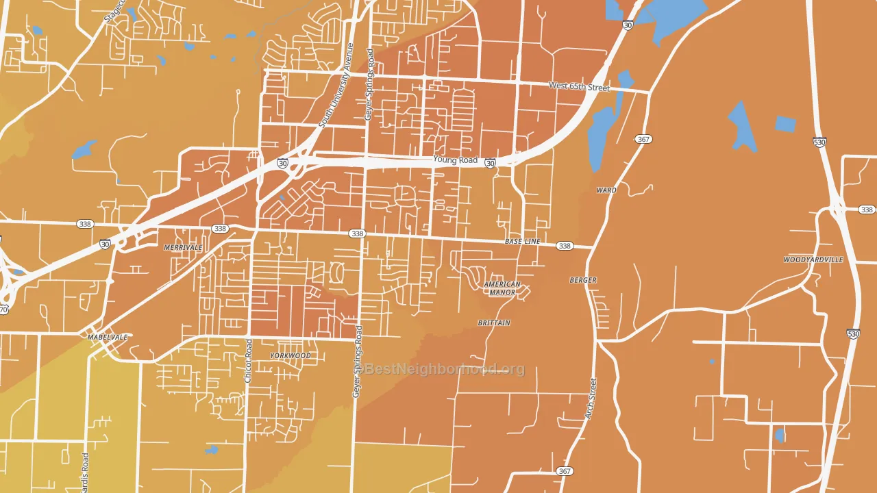 Map of the best neighborhoods in the Upper Baseline, Little Rock area, with better matches in green and worse matches in red