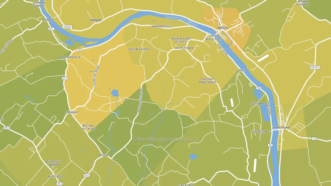 Map of the best neighborhoods in the Upper Black Eddy area, with better matches in green and worse matches in red