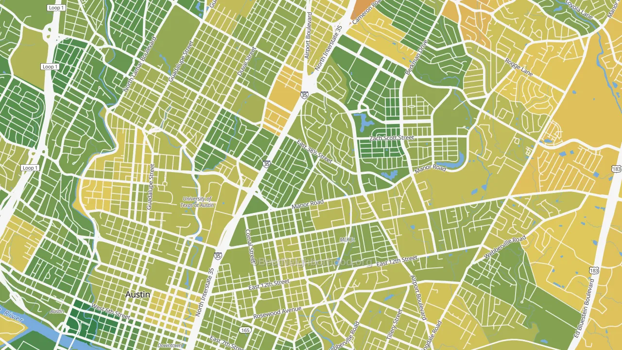 Map of the best neighborhoods in the Upper Boggy Creek, Austin area, with better matches in green and worse matches in red