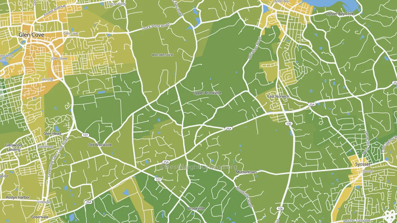 Map of the best neighborhoods in the Upper Brookville area, with better matches in green and worse matches in red