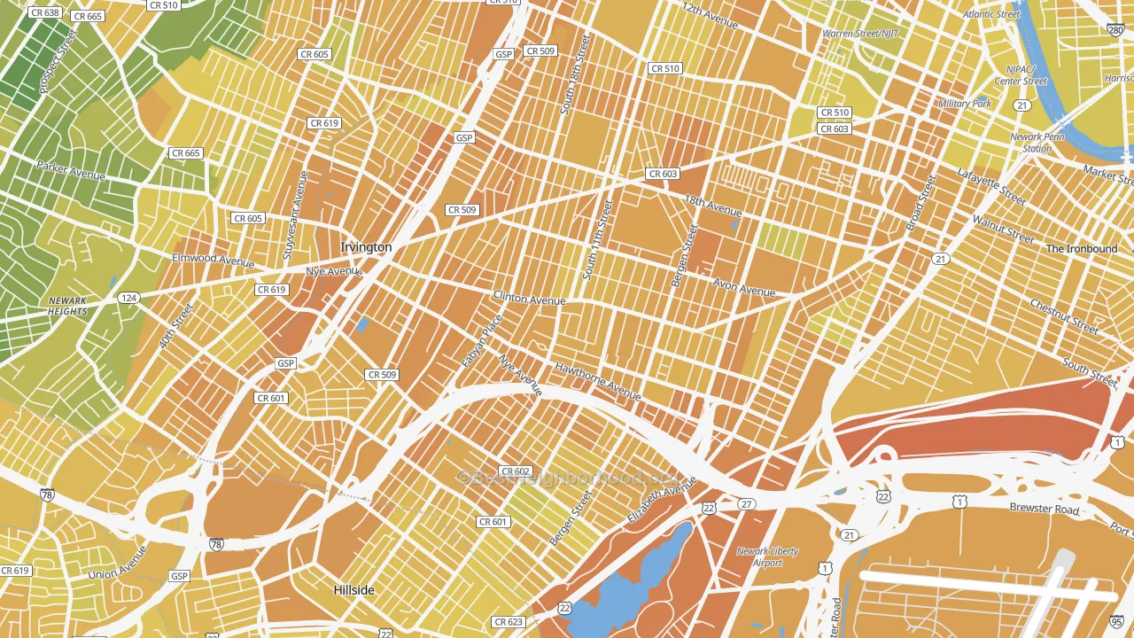 Map of the best neighborhoods in the Upper Clinton Hill, Newark area, with better matches in green and worse matches in red