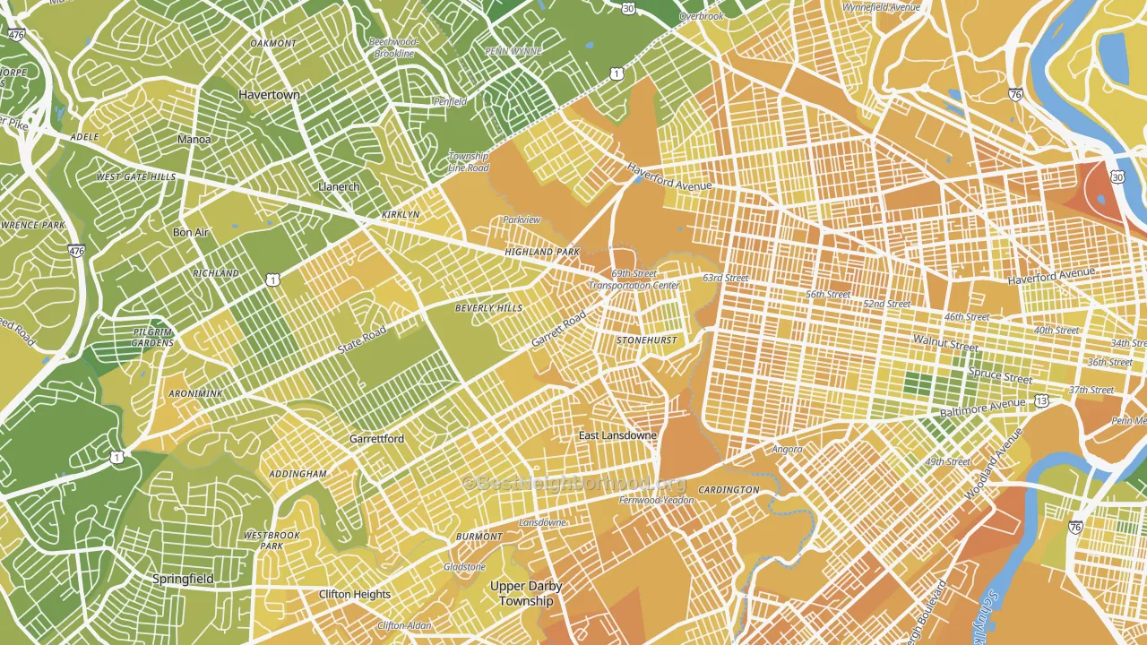 Map of the best neighborhoods in the Upper Darby area, with better matches in green and worse matches in red