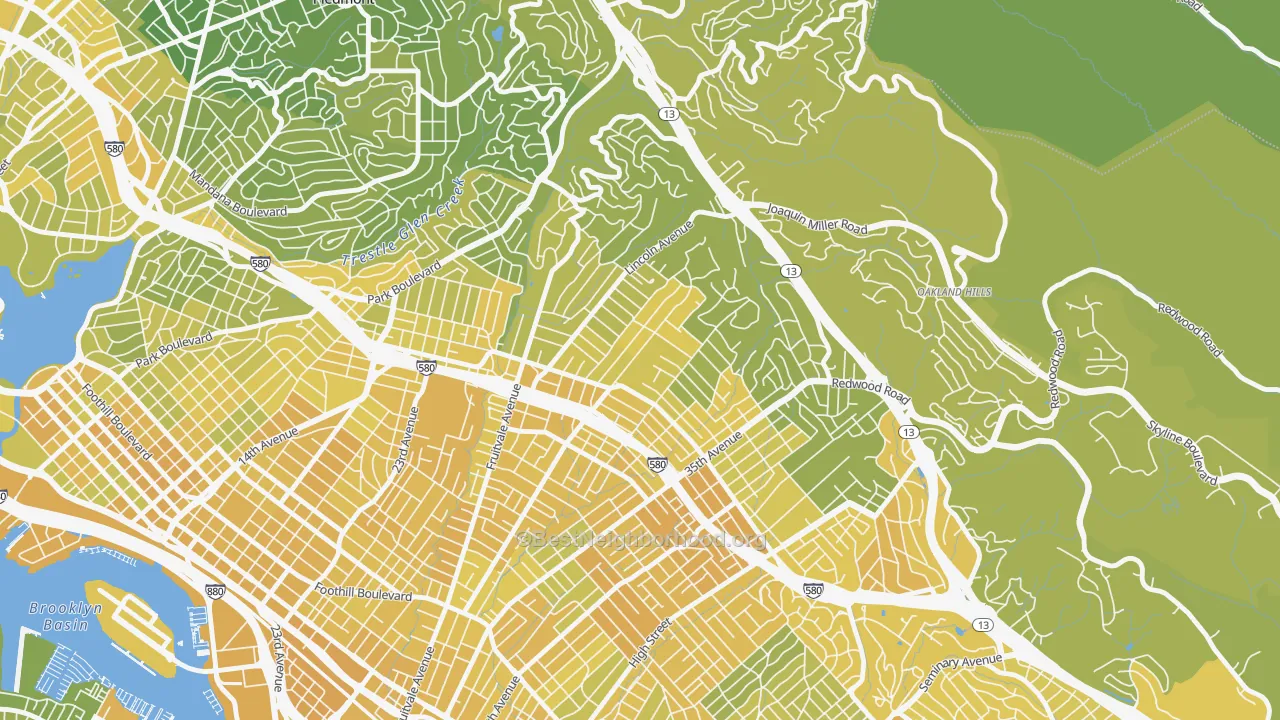 Map of the best neighborhoods in the Upper Dimond, Oakland area, with better matches in green and worse matches in red