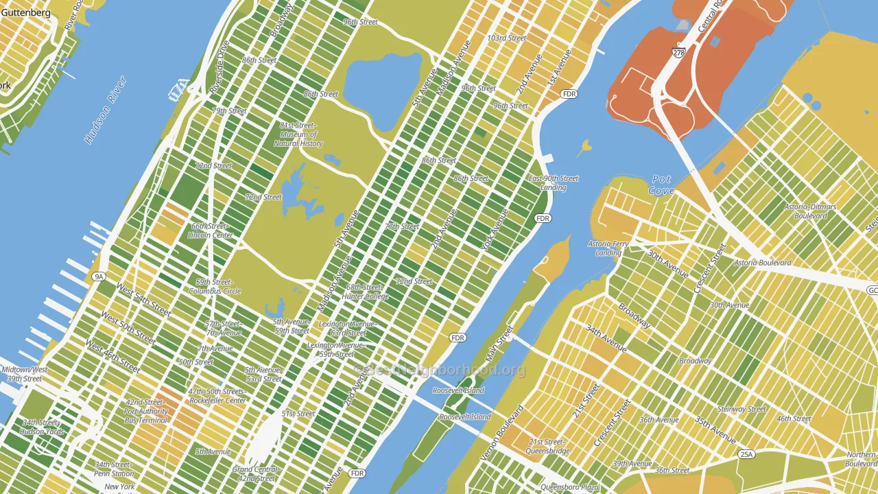 Map of the best neighborhoods in the Upper East Side, Manhattan area, with better matches in green and worse matches in red