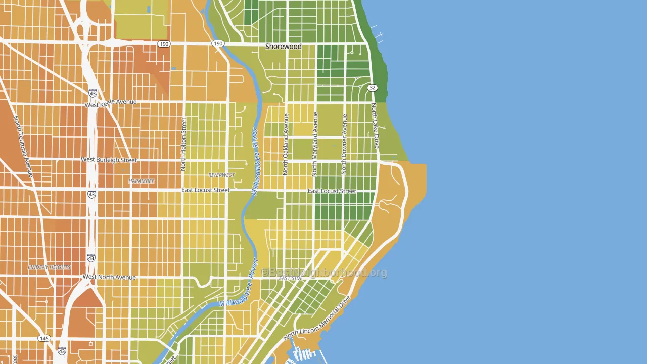 Map of the best neighborhoods in the Upper East Side, Milwaukee area, with better matches in green and worse matches in red