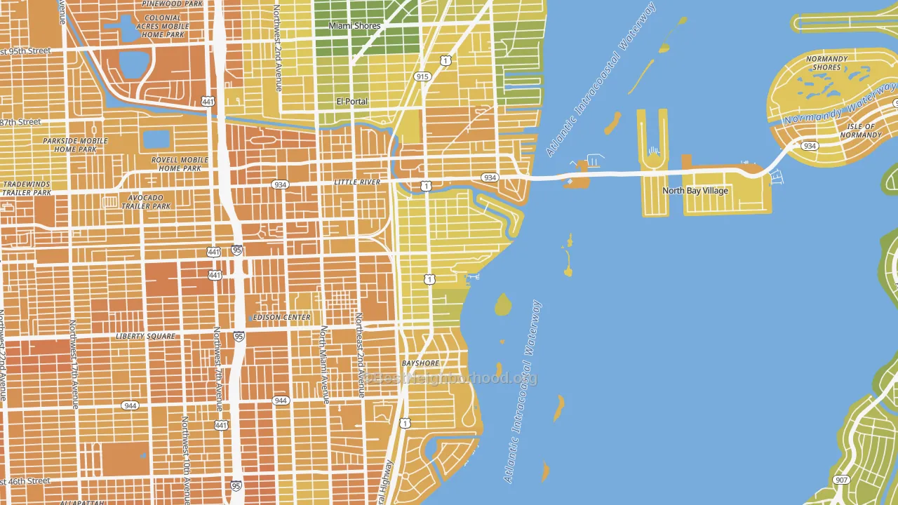 Map of the best neighborhoods in the Upper Eastside, Miami area, with better matches in green and worse matches in red