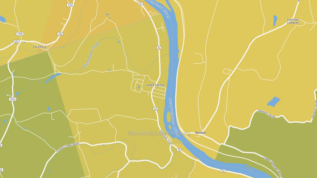 Map of the best neighborhoods in the Upper Exeter area, with better matches in green and worse matches in red