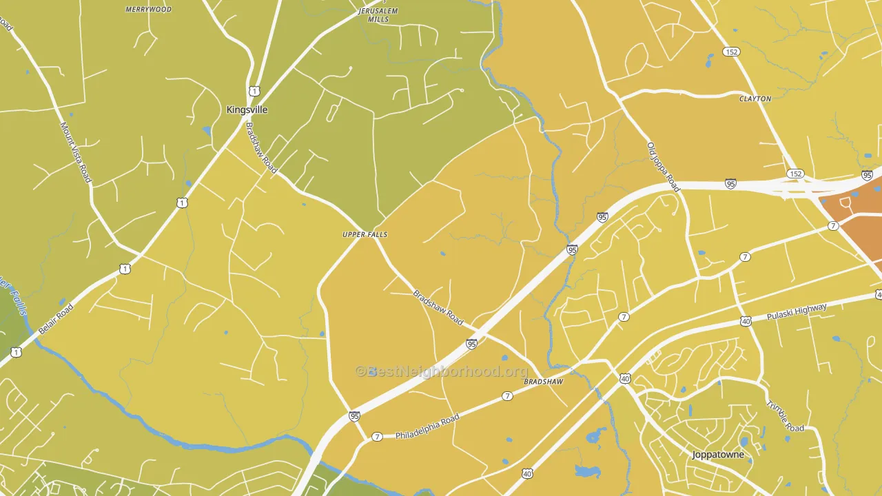 Map of the best neighborhoods in the Upper Falls area, with better matches in green and worse matches in red