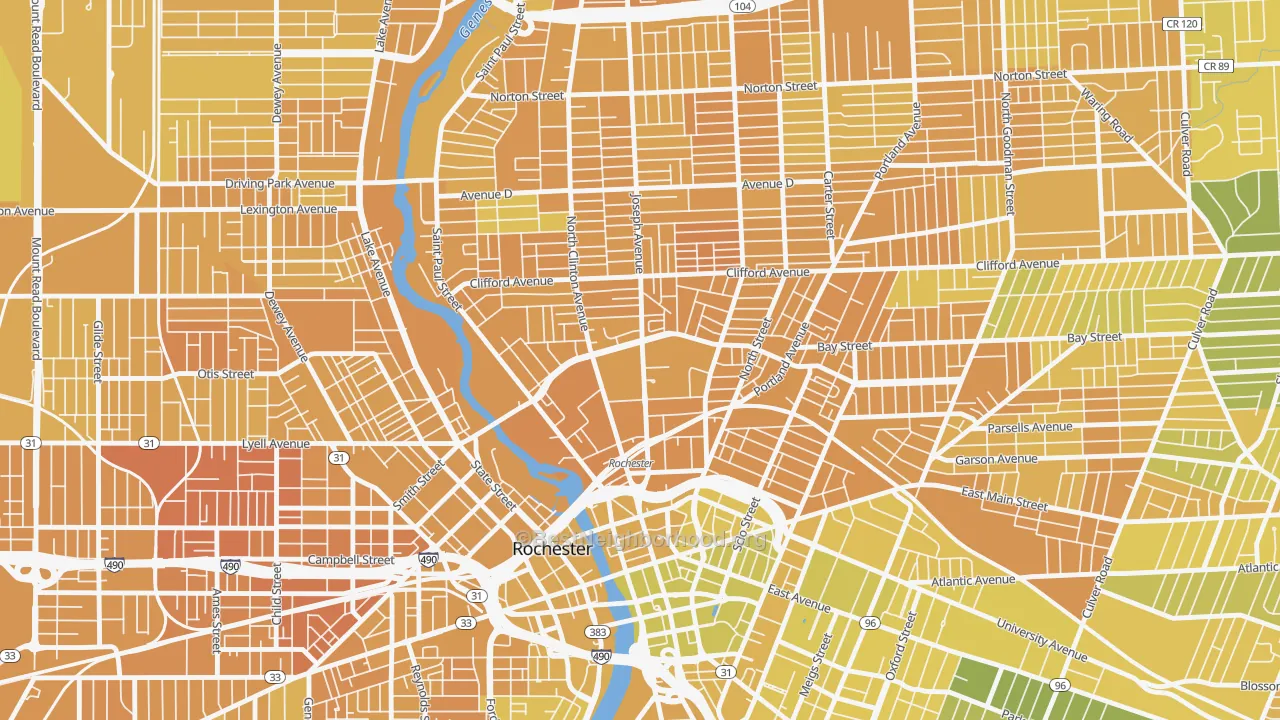 Map of the best neighborhoods in the Upper Falls, Rochester area, with better matches in green and worse matches in red