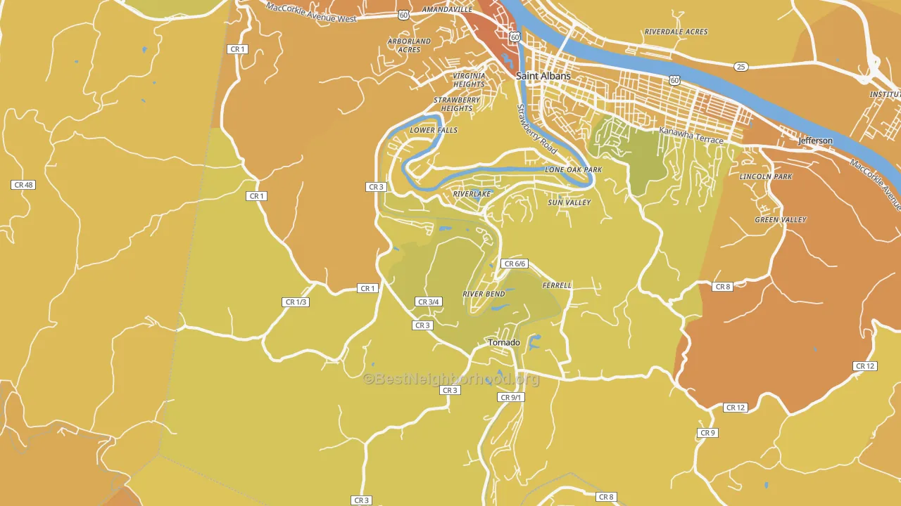 Map of the best neighborhoods in the Upper Falls area, with better matches in green and worse matches in red