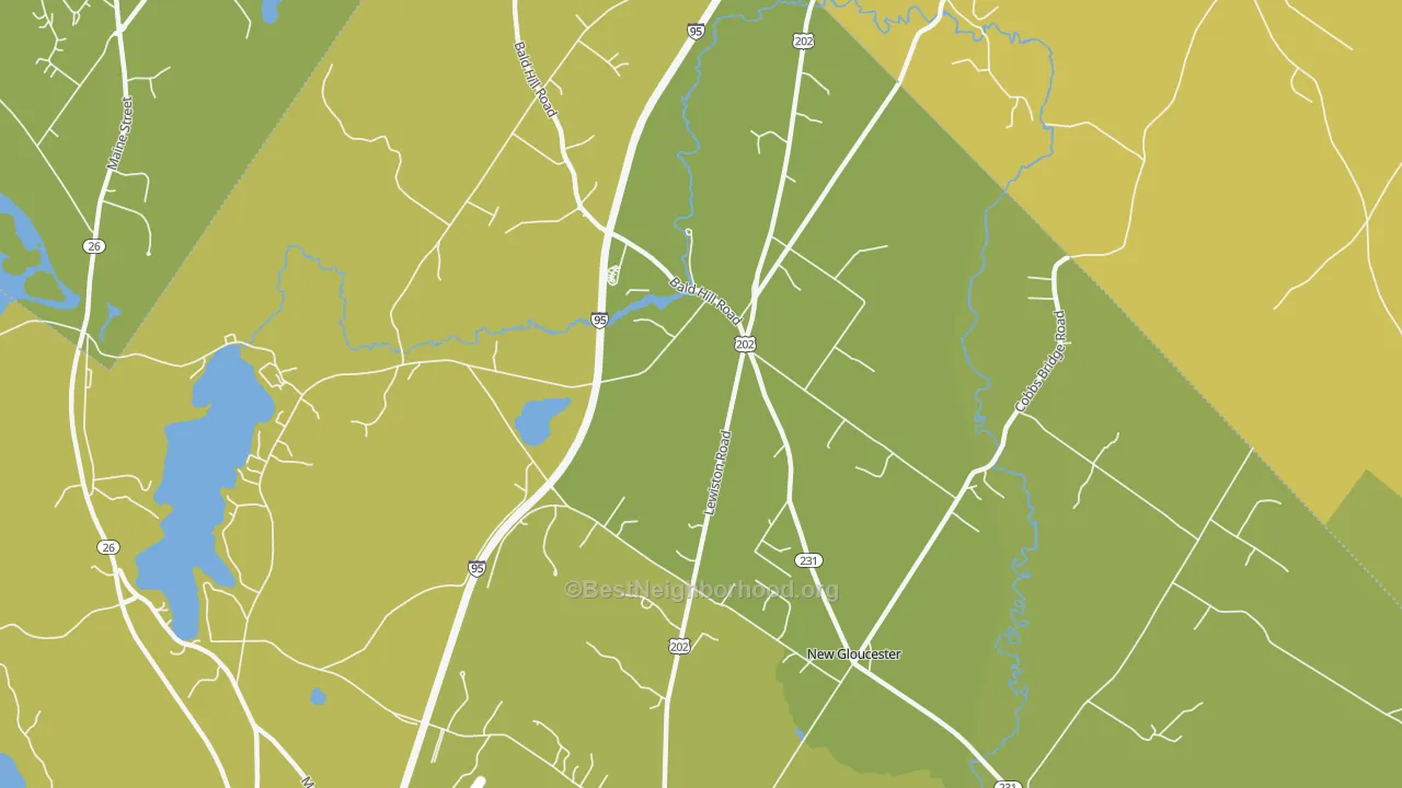 Map of the best neighborhoods in the Upper Gloucester area, with better matches in green and worse matches in red