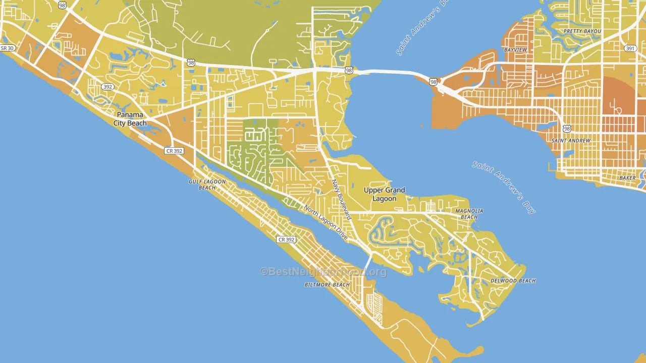 Map of the best neighborhoods in the Upper Grand Lagoon area, with better matches in green and worse matches in red