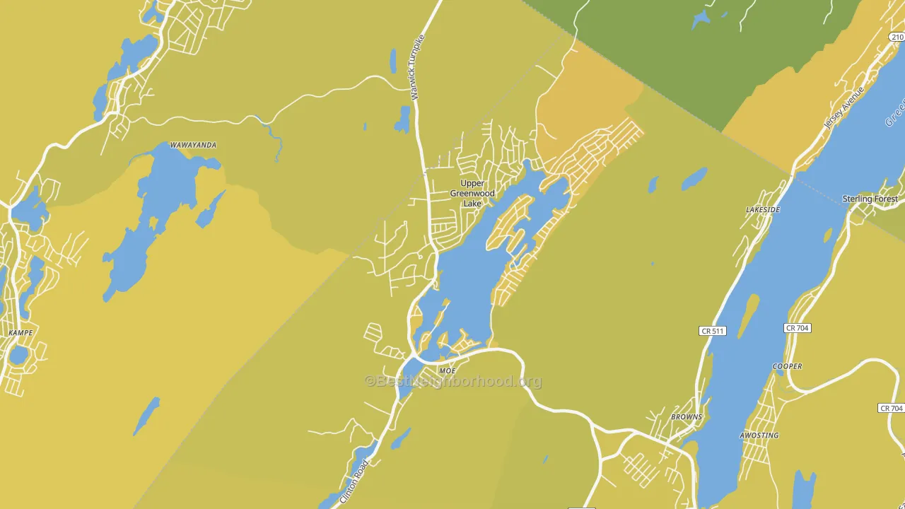 Map of the best neighborhoods in the Upper Greenwood Lake area, with better matches in green and worse matches in red