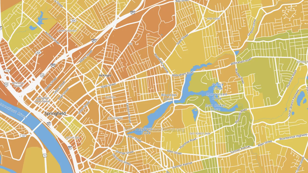Map of the best neighborhoods in the Upper Hill, Springfield area, with better matches in green and worse matches in red