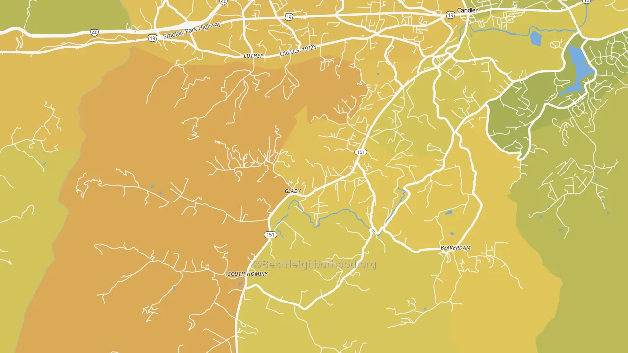 Map of the best neighborhoods in the Upper Hominy area, with better matches in green and worse matches in red
