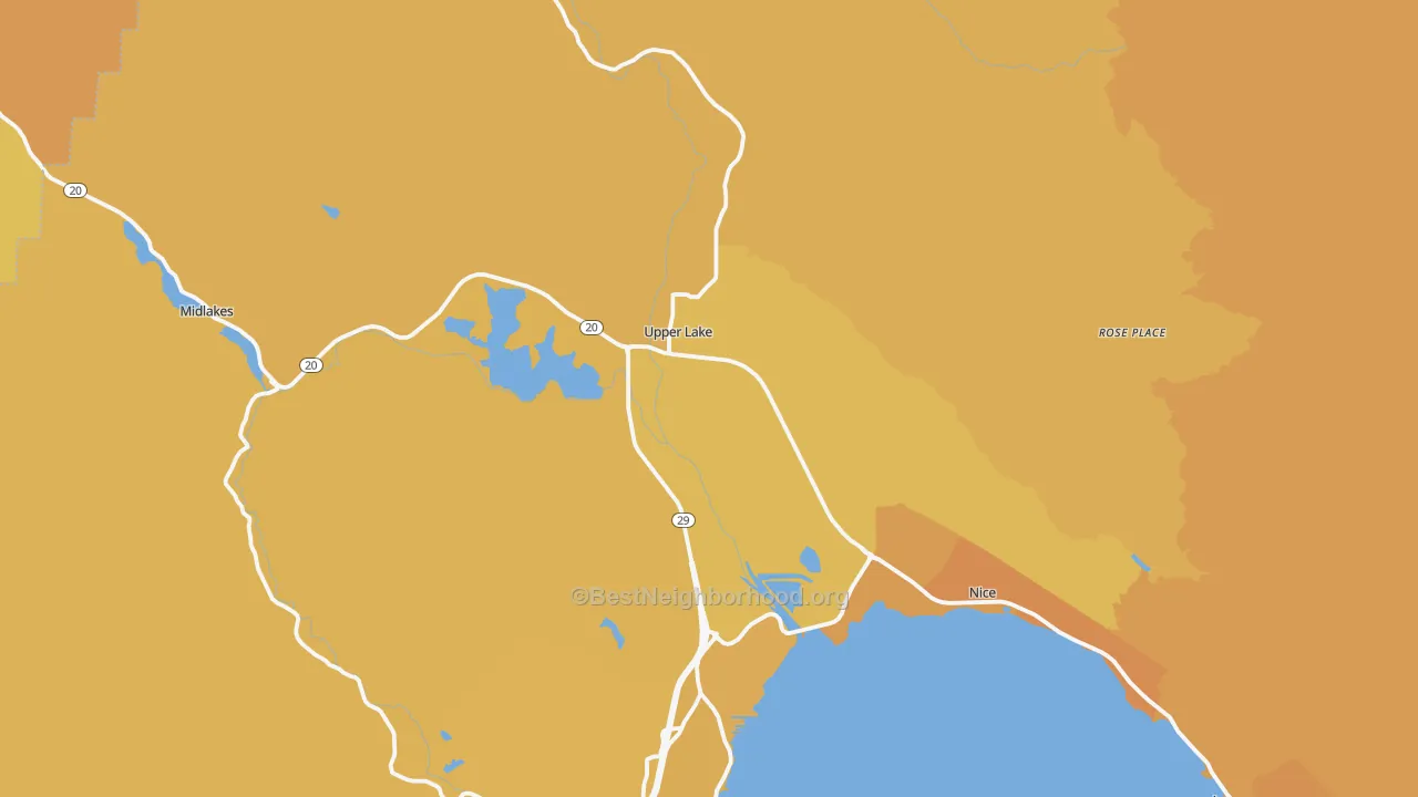 Map of the best neighborhoods in the Upper Lake area, with better matches in green and worse matches in red