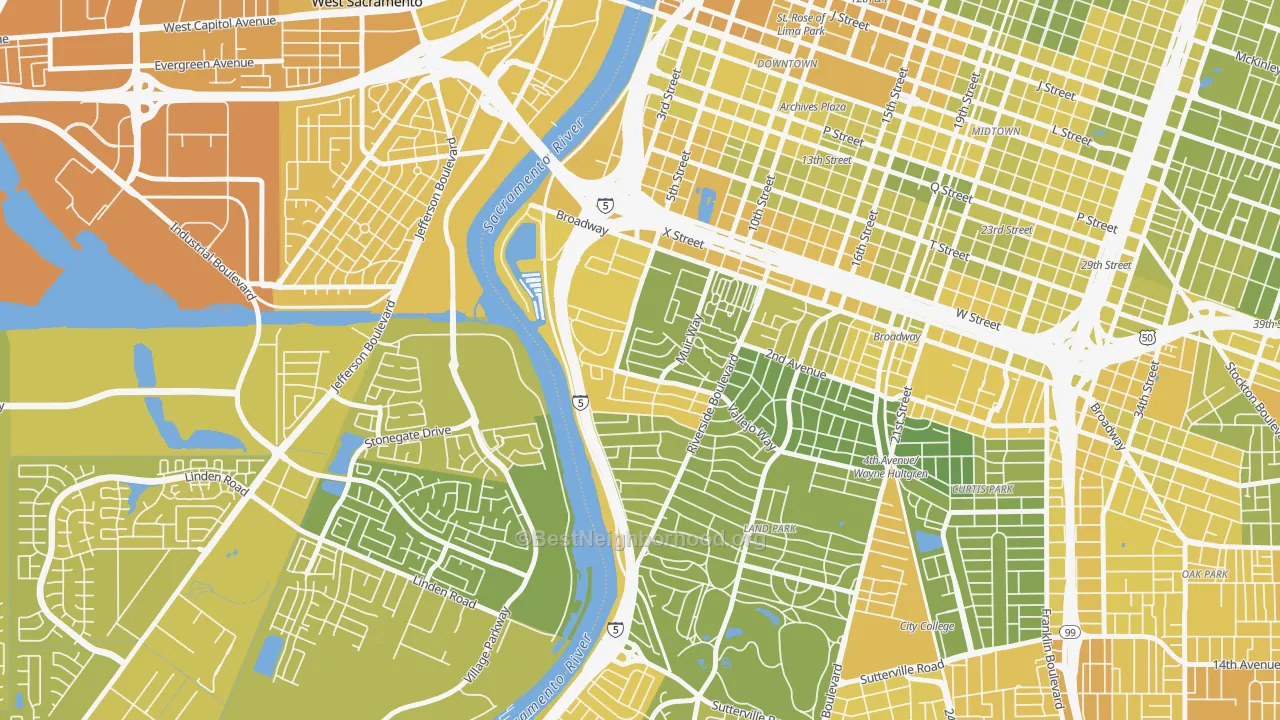Map of the best neighborhoods in the Upper Land Park, Sacramento area, with better matches in green and worse matches in red
