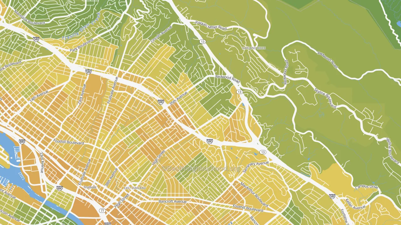 Map of the best neighborhoods in the Upper Laurel, Oakland area, with better matches in green and worse matches in red