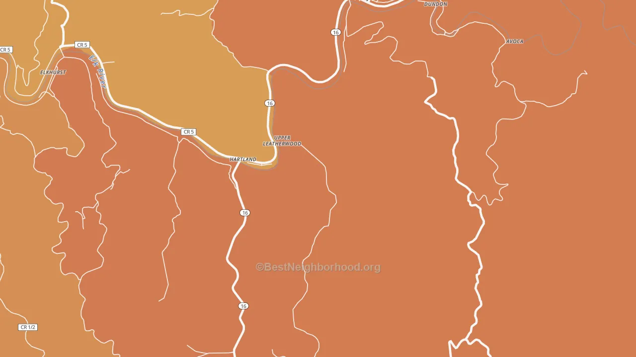 Map of the best neighborhoods in the Upper Leatherwood area, with better matches in green and worse matches in red