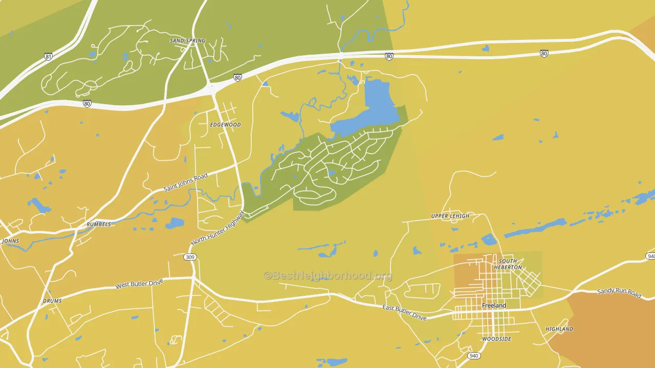 Map of the best neighborhoods in the Upper Lehigh area, with better matches in green and worse matches in red