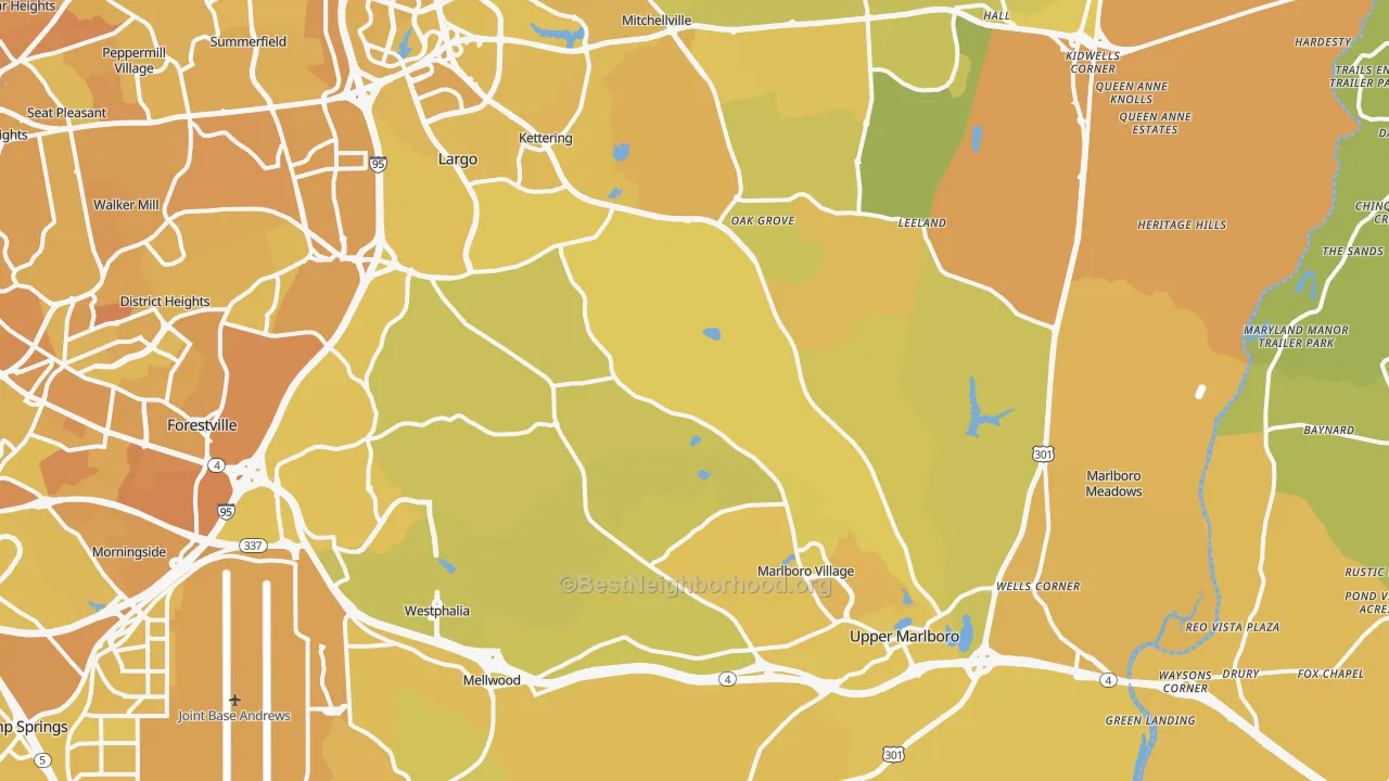 Map of the best neighborhoods in the Upper Marlboro area, with better matches in green and worse matches in red