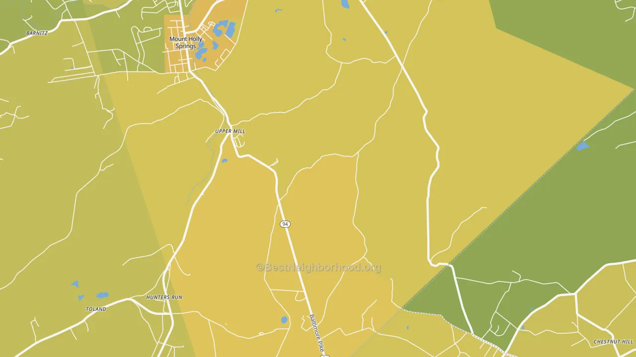 Map of the best neighborhoods in the Upper Mill area, with better matches in green and worse matches in red