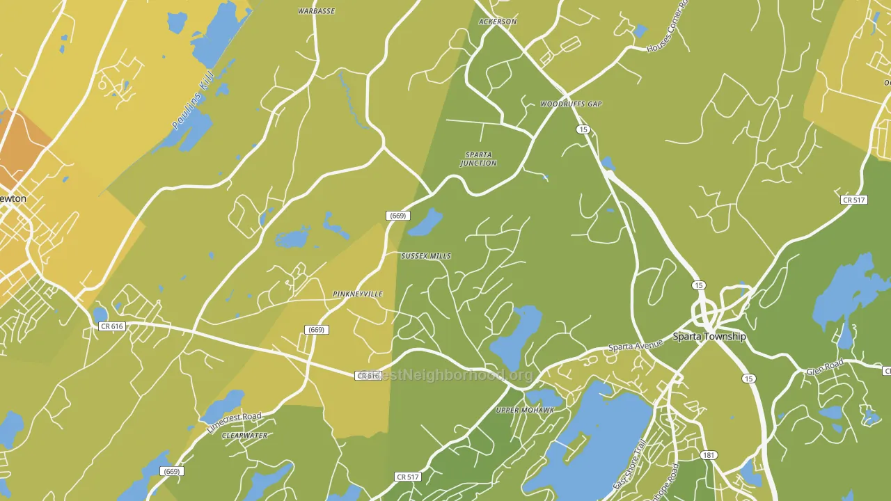 Map of the best neighborhoods in the Upper Mohawk area, with better matches in green and worse matches in red