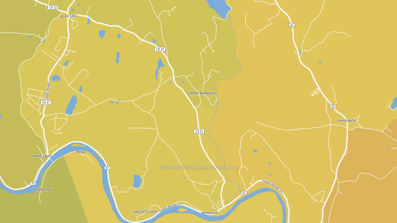 Map of the best neighborhoods in the Upper Mongaup area, with better matches in green and worse matches in red