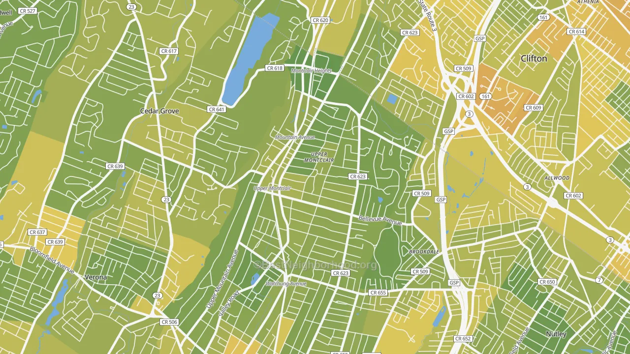 Map of the best neighborhoods in the Upper Montclair area, with better matches in green and worse matches in red